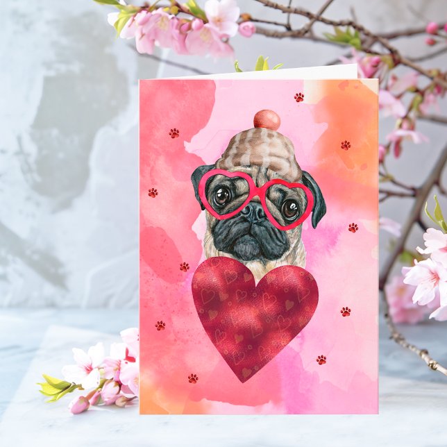 Pink Orange Pug Valentine's Day Gift Dog Card (Creator Uploaded)