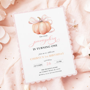 Pink Orange Pumpkin Bow Girl First Birthday Invitation