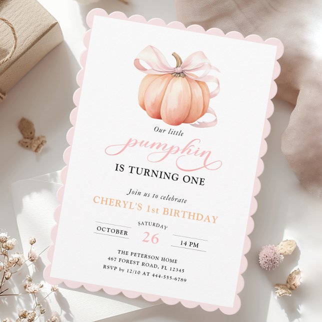 Pink Orange Pumpkin Bow Girl First Birthday Invitation (Creator Uploaded)