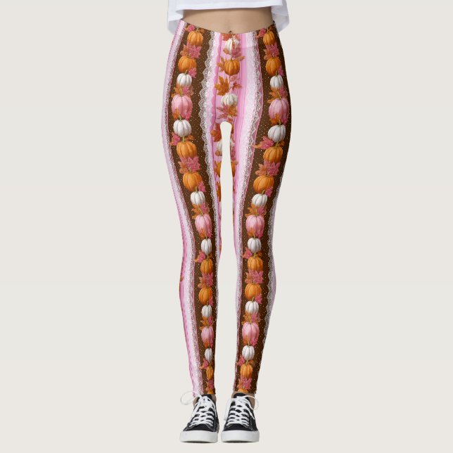 Pink Orange Pumpkin Floral Fall Pattern Leggings (Front)