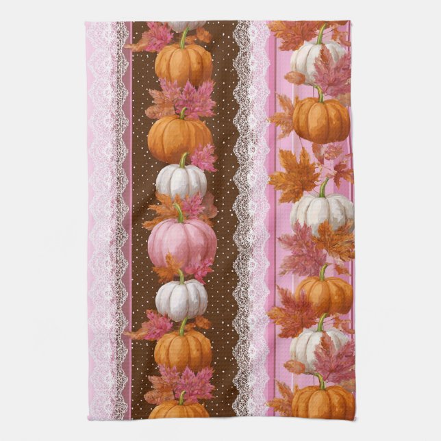 Pink Orange Pumpkin Floral Fall Pattern Tea Towel (Vertical)