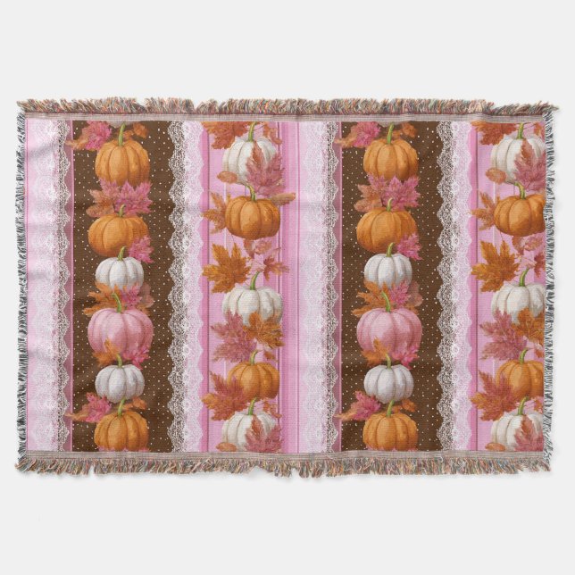 Pink Orange Pumpkin Floral Fall Pattern Throw Blanket (Front)
