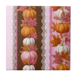 Pink Orange Pumpkin Floral Fall Pattern Tile
