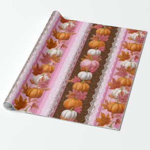 Pink Orange Pumpkin Floral Fall Pattern Wrapping Paper