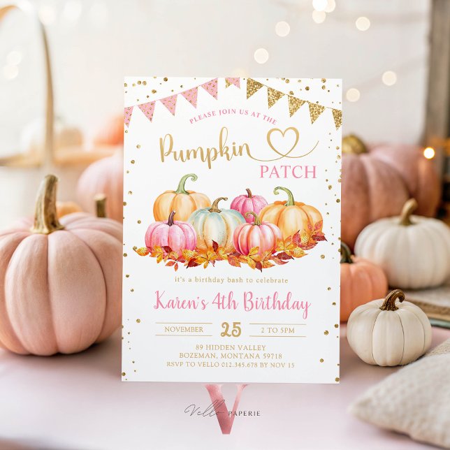 Pink Orange Pumpkin Patch Gold Glitter Birthday Invitation (Creator Uploaded)