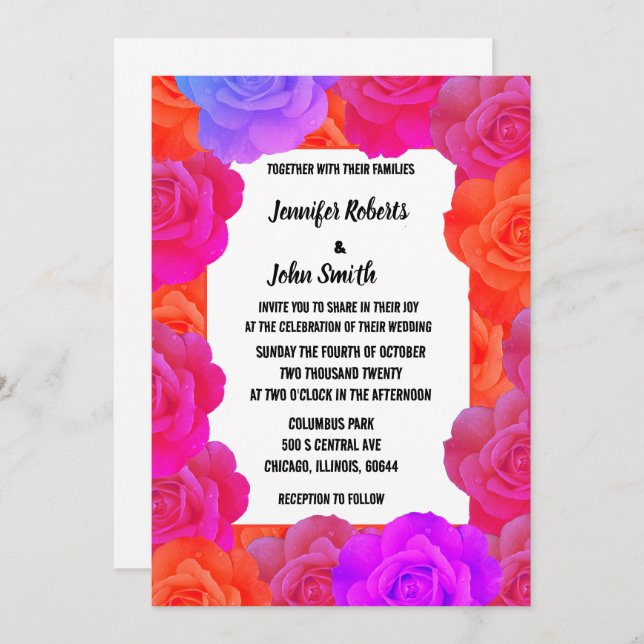 Pink Orange Purple Floral QR Code Roses Wedding Invitation (Front/Back)