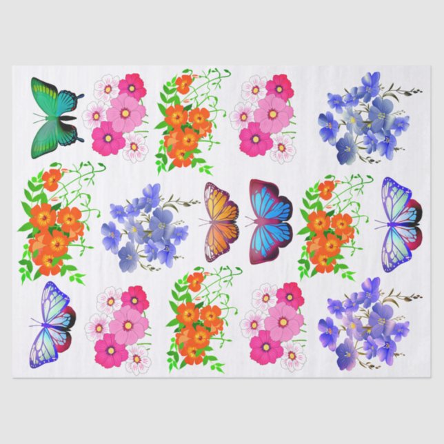Pink Orange Purple Flower Butterfly Decoupage Tissue Paper (Front)