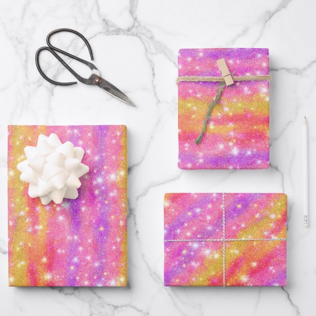 Pink Orange Purple Glitter Sparkle Pattern Wrapping Paper Sheet (Front)