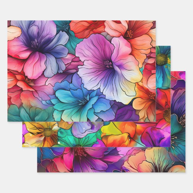 Pink Orange Purple Teal Flowers Alcohol Ink  Wrapping Paper Sheet (Set)