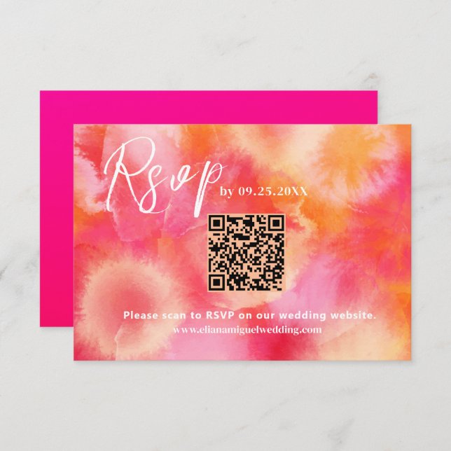  Pink orange QR Code Response Card wedding RSVP (Front/Back)