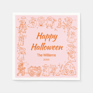 Pink Orange Quirky Hand Drawn Doodles Halloween Napkin