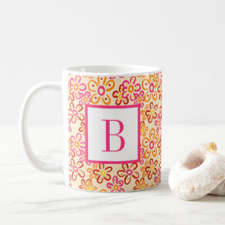 Pink Orange Retro Daisy Flowers Initial Monogram Coffee Mug