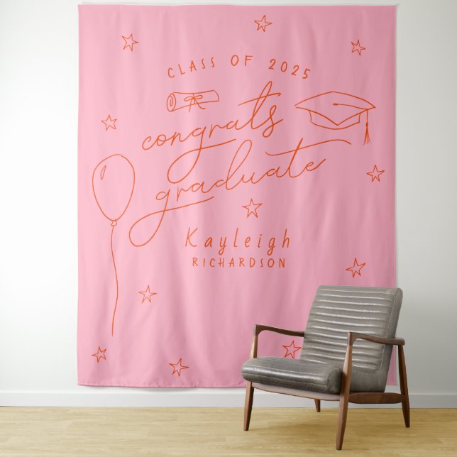 Pink Orange Retro Graduation Photo Backdrop Tapestry (In Situ)
