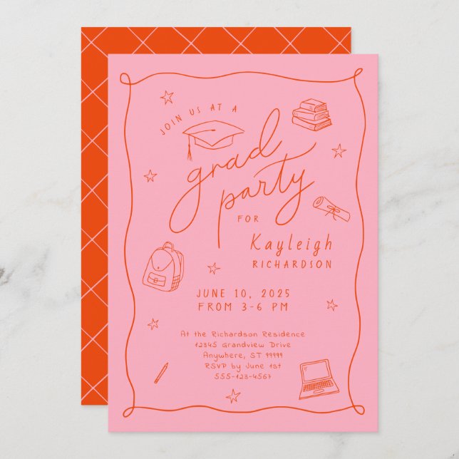 Pink Orange Retro Hand Drawn Grad Party Invitation (Front/Back)