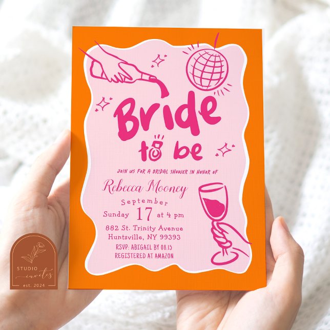 Pink Orange Retro Illustrated Bridal Shower Invitation (Creator Uploaded)