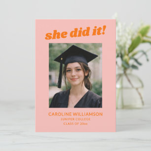 Pink Orange Retro She Did It Photo Graduation Announcement