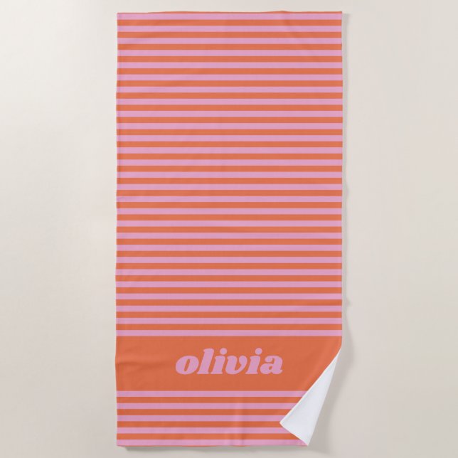 Pink Orange Retro Striped Personalised Name Summer Beach Towel (Front)
