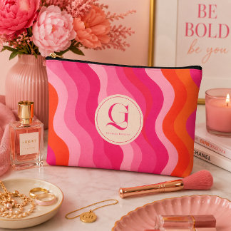 Pink Orange Retro Wave Personalised Monogram Accessory Pouch