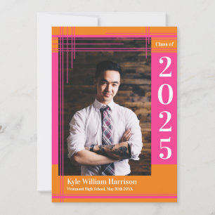 Pink Orange School Colour Graduation Photo Plaid Invitation
