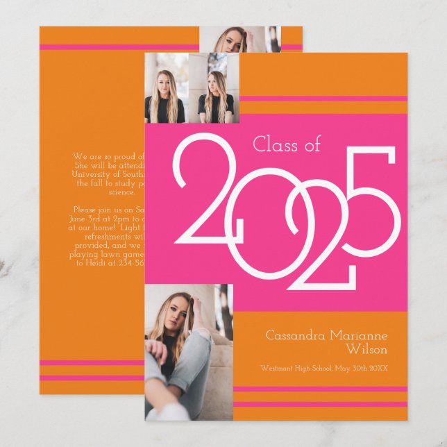 Pink Orange School Colours Graduation Announcement (Front/Back)