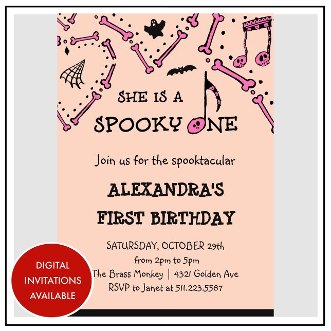 Pink Orange Skull Spooky Halloween 1st birthday Invitation (Halloween-1st-birthday-Invitation-Pink-Orange-Skull-Spooky-1)
