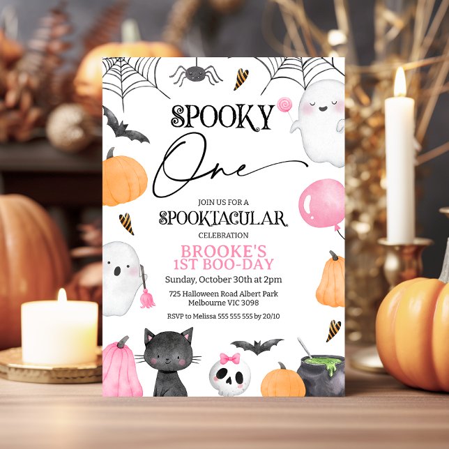 Pink Orange Spooky One Halloween 1st Birthday Invitation (Girls Halloween Spooky One 1st Birthday Invitation, Spooktacular Halloween First Birthday Invite,)