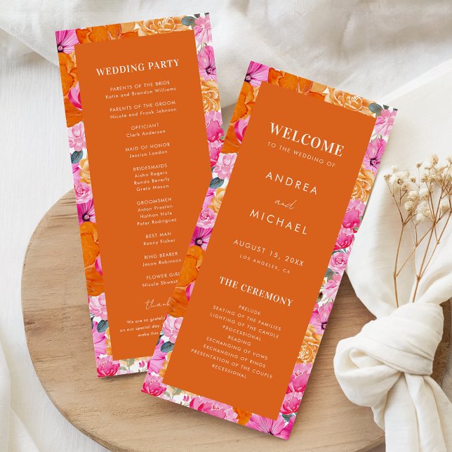 Pink & Orange Summer Floral Vibrant Bloom Wedding  Programme (Creator Uploaded)