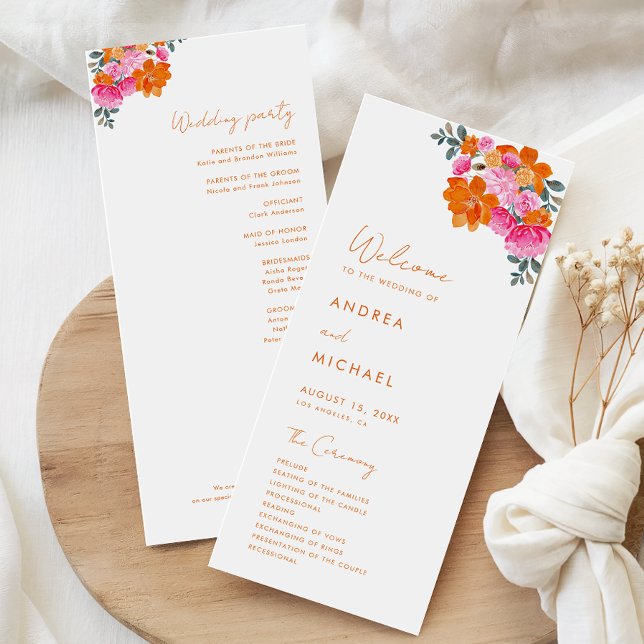 Pink Orange Summer Floral Vibrant Bloom Wedding  Programme (Creator Uploaded)