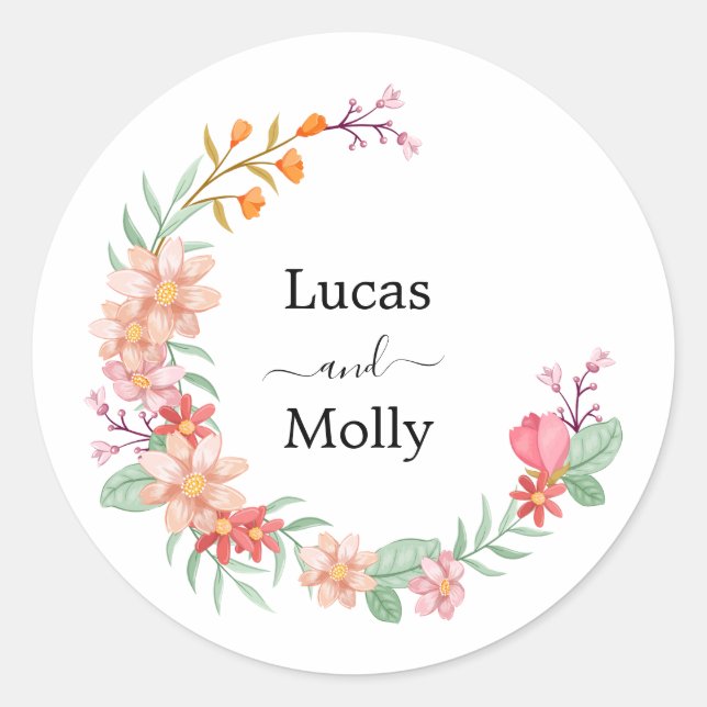 Pink & Orange Summer Floral Wedding Classic Round Sticker (Front)