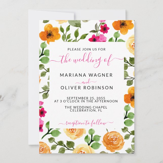 Pink Orange Summer Floral Wedding Invitation (Front)