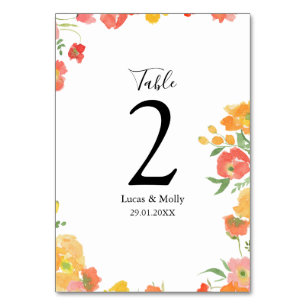 Pink & Orange Summer Floral Wedding Table Number
