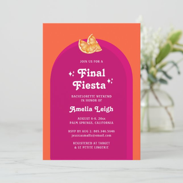 Pink & Orange Sunset Final Fiesta Bachelorette Invitation (Standing Front)