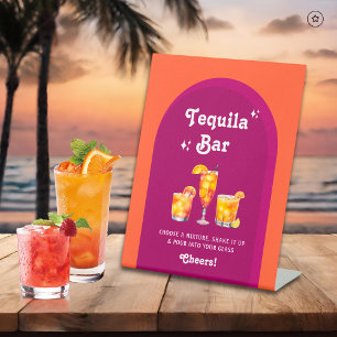 Pink & Orange Sunset Retro Tequila Bar Pedestal Sign
