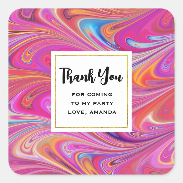 Pink Orange Swirls Abstract Design Party Thank You Square Sticker (Front)