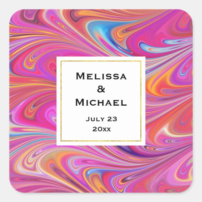 Pink Orange Swirls Abstract Design Wedding Date Square Sticker (Front)