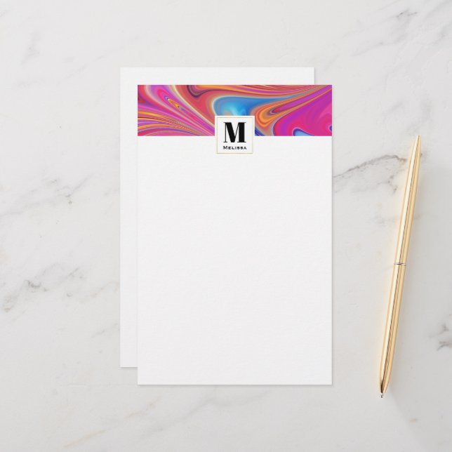 Pink Orange Swirls Groovy Design Monogram Stationery (Front/Back In Situ)
