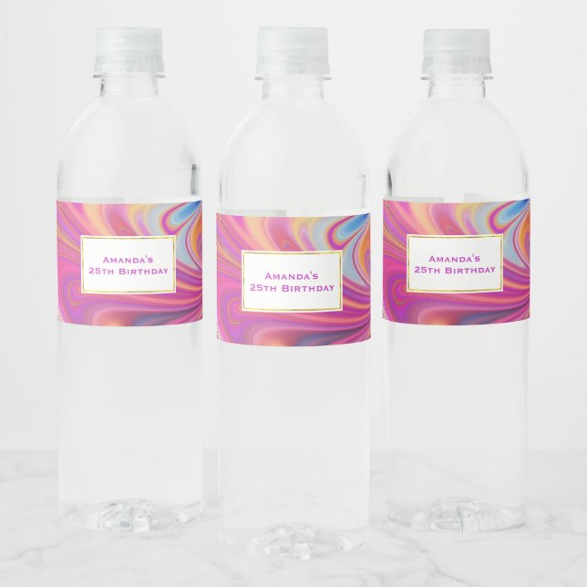 Pink Orange Swirls Groovy Design Party Water Bottle Label (Bottles)