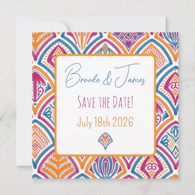 Pink Orange Teal Decorative Fan Save the Date (Front)
