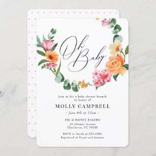 Pink Orange Tropical Flower Wreath Baby Shower Invitation