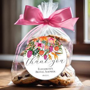 Pink Orange Tropical Flowers Script Thank You Classic Round Sticker