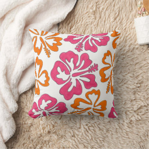 Pink Orange Tropical Hibiscus Flowers Floral Print Cushion