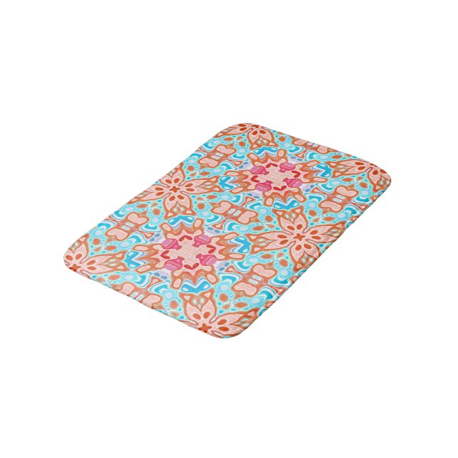 Pink Orange Turquoise Retro Chic Mosaic Pattern Bath Mat (Angled)