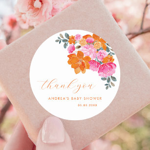 Pink Orange Vibrant Floral Baby Shower Thank You Classic Round Sticker