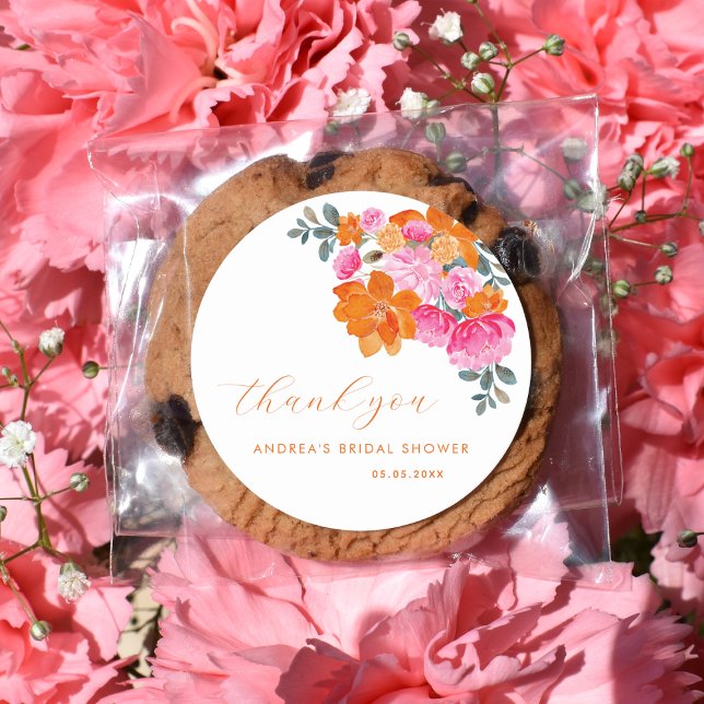 Pink Orange Vibrant Floral Bridal Shower Thank You Classic Round Sticker (Creator Uploaded)