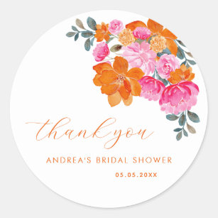 Pink Orange Vibrant Floral Bridal Shower Thank You Classic Round Sticker