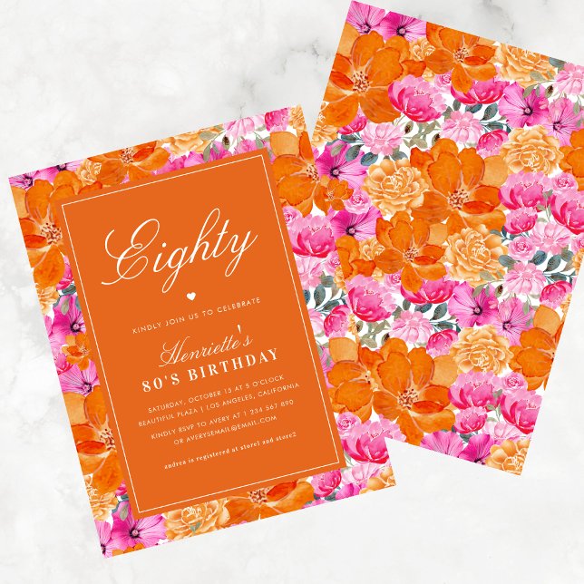 Pink Orange Vibrant Garden 80th Birthday Party Invitation (Creator Uploaded)