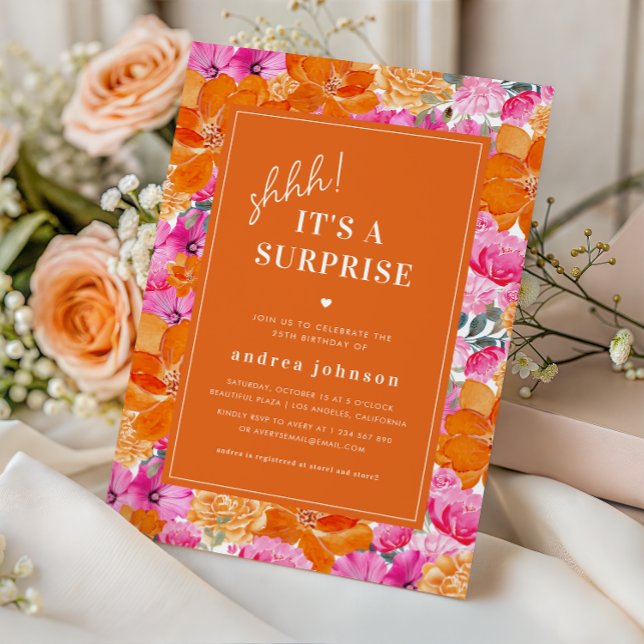 Pink Orange Vibrant Garden Surprise Birthday Party Invitation (Creator Uploaded)