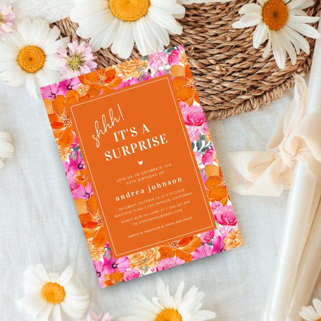 Pink Orange Vibrant Garden Surprise Birthday Party Invitation (Creator Uploaded)
