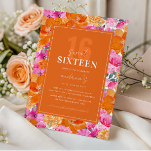 Pink Orange Vibrant Garden Sweet 16 Birthday Party Invitation