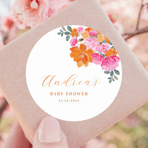 Pink & Orange Vibrant Summer Floral Baby Shower Classic Round Sticker